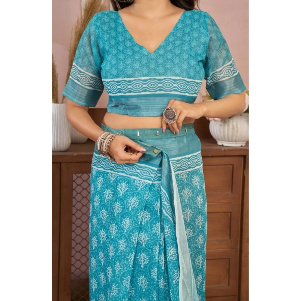 Women's Faux Linen Floral Print Ready to wear Saree With Unstitched Blouse 5.5Mtr (AquaBlue) Women's Faux Linen Floral Print Ready to wear Saree With Unstitched Blouse 5.5Mtr (AquaBlue)
